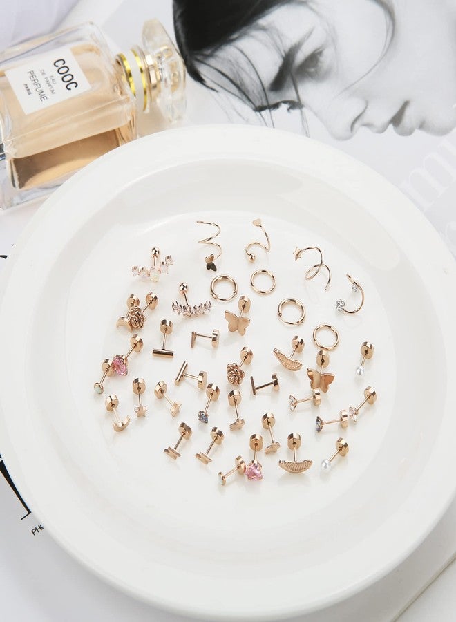 Staligue Stainless Steel Earrings,Staligue 19 Pairs Flat Back Earrings and Cartilage Hoop Earrings for Women Hypoallergenic Flat Back Stud Earrings Heart Opal Star Moon 20g Tiny Screw Back Cartilage Earring - Image 4